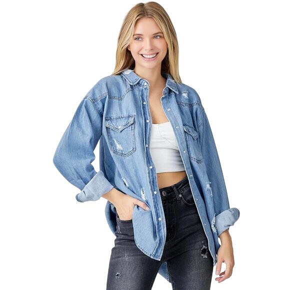 RISEN Women’s Oversized distressed Chambray Western Snap front Top 3XL - Picture 1 of 7